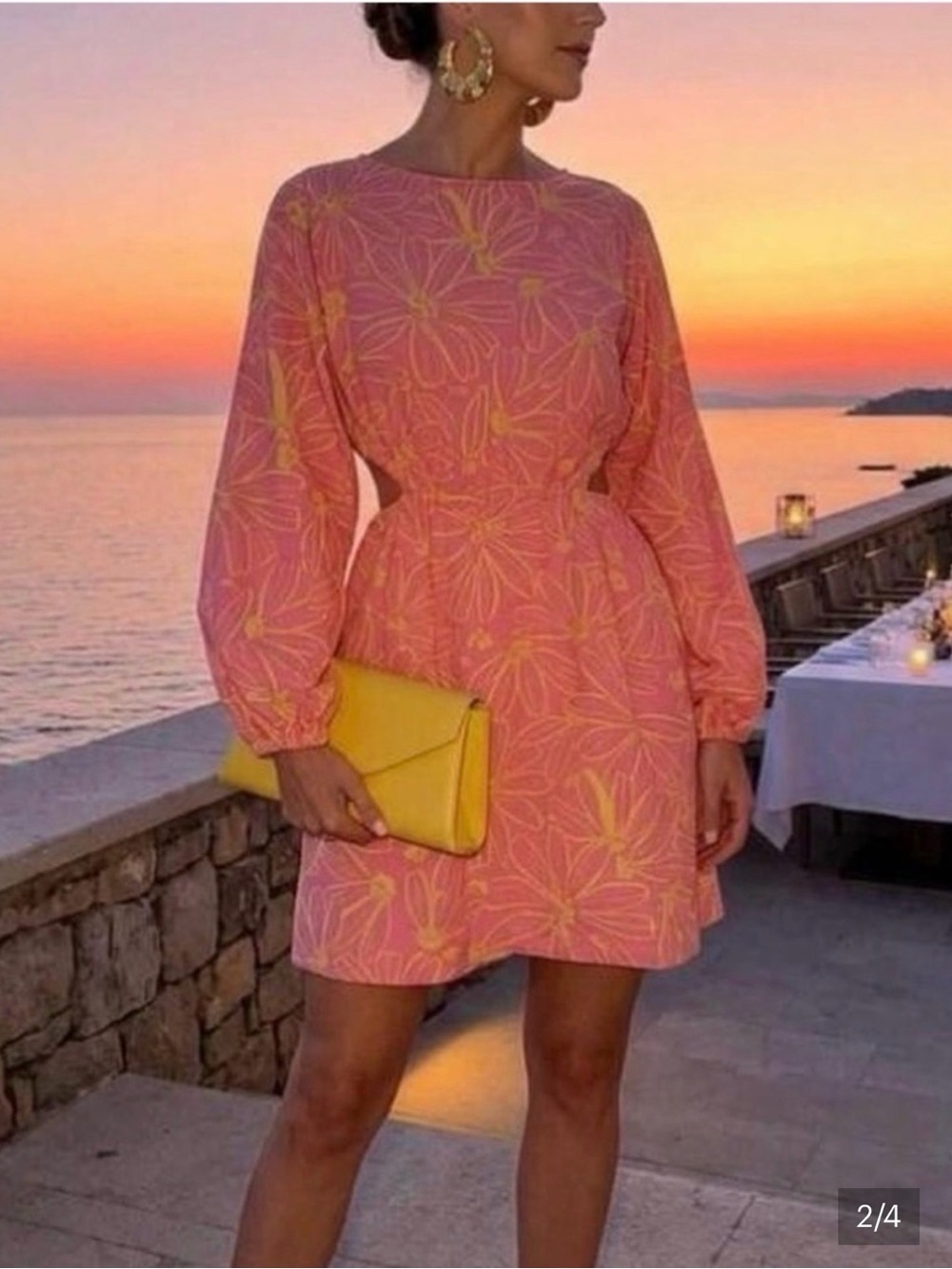 Floral Cutout Long-Sleeve Mini Dress - Pink & Yellow